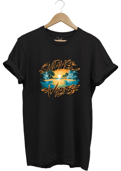 Summer Vibes Baskılı Yazlık Tatil Deniz %100 Pamuk Regular Fit Bisiklet Yaka T-Shirt