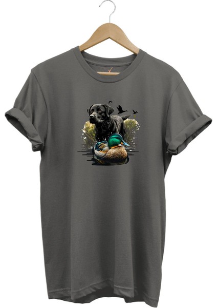 Avcılık Widi Hunting Ördek Avı ve Avcı Köpeği Baskılı %100 Pamuk Regular Fit Bisiklet Yaka T-Shirt