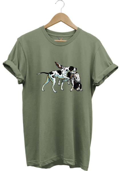 Avcılık Hunting Renkli Pointer Setter Köpekleri Baskılı %100 Pamuk Regular Fit Bisiklet Yaka T-Shirt