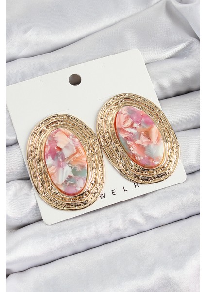 Pirinç Mermer Desenlli Pembe Sedef Oval Vintage Model Gold Renk Kadın Küpe