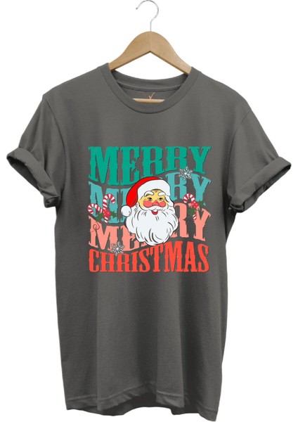 Unisex Yeni Yıl Yılbaşı Noel Baba Merry Christmas Baskılı Şirin Hediye Pamuklu Regular Fit T-Shirt