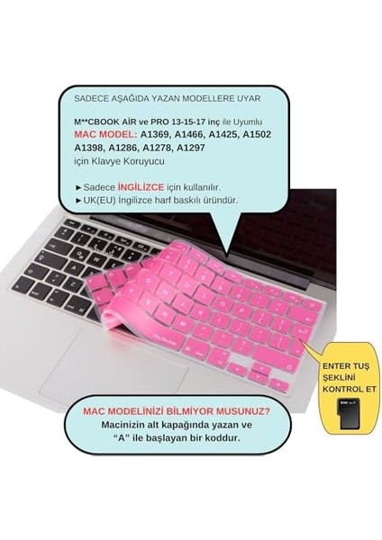 Macbook Klavye Koruyucu Air Pro (Uk-Eu Ingilizce) (Eski Usb'li Model 2008/2017) ile Uyumlu Açık Pembe modelleri