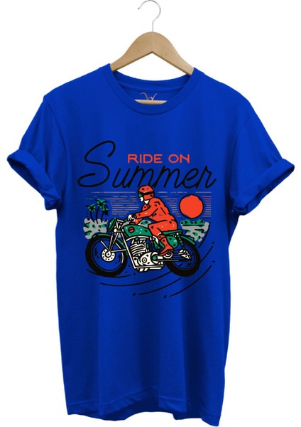 Motorsiklet Motorcu Özel Yaz Tasarımlı Ride On Summer Regular Fit %100 Pamuk T-Shirt