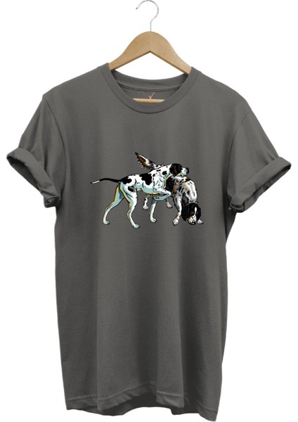 Avcılık Hunting Renkli Pointer Setter Köpekleri Baskılı %100 Pamuk Regular Fit Bisiklet Yaka T-Shirt