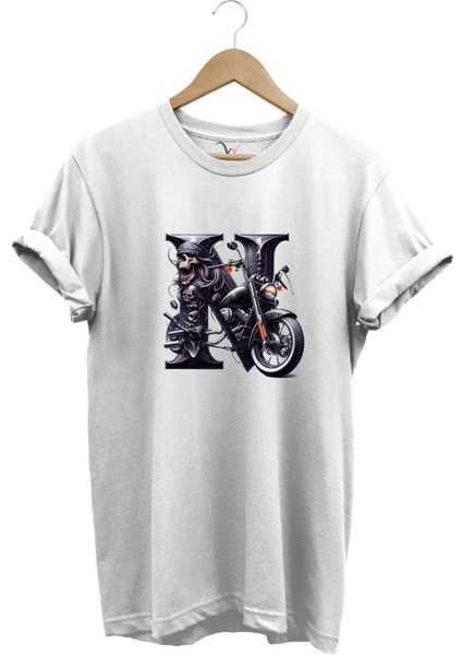 N Harfi Baskılı Motosiklet Kuru Kafa %100 Pamuk Regular Fit Bisiklet Yaka T-Shirt