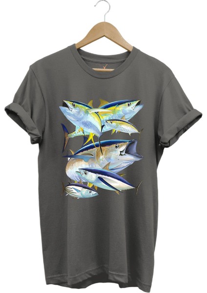 Balık Desenli Gümüş Balığı Baskılı %100 Pamuk Regular Fit Bisiklet Yaka T-Shirt