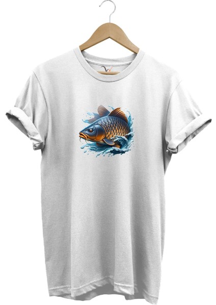 Balıkçı Fishing Sazan Avı Balıkçılığı Baskılı %100 Pamuk Regular Fit Bisiklet Yaka T-Shirt