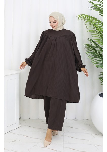 Büzgülü Tunik Pantolon Ikili Takım 2089-06 Acı Kahve
