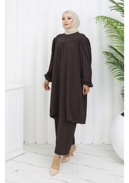 Büzgülü Tunik Pantolon Ikili Takım 2089-06 Acı Kahve modelleri