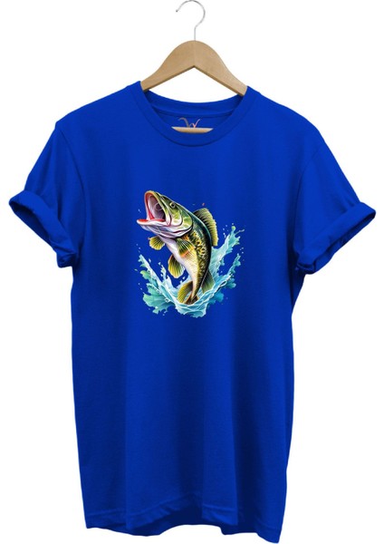 Fishing Balıkçılık Levrek Balığı Deniz Baskılı %100 Pamuk Regular Fit Bisiklet Yaka T-Shirt