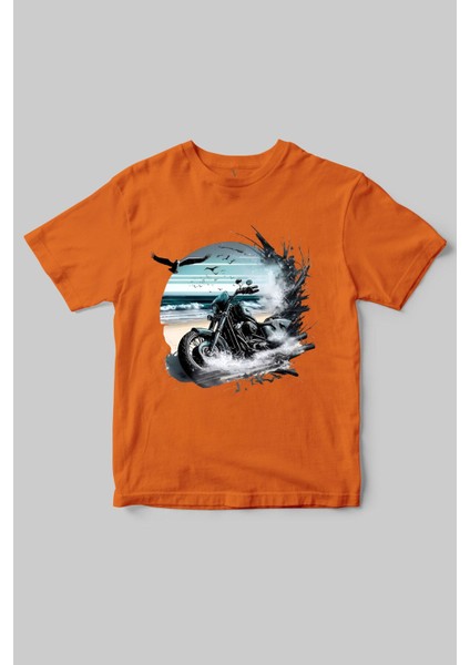Motorcu Temalı Chopper Motorsiklet ve Deniz Baskılı Regular Fit %100 Pamuk Bisiklet Yaka T-Shirt