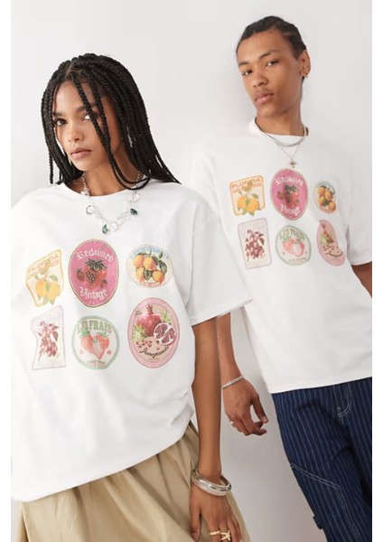 Unisex Oversize %100 Pamuk Meyve Etiketli Beyaz Tişört Reclaimed Vintage Stil