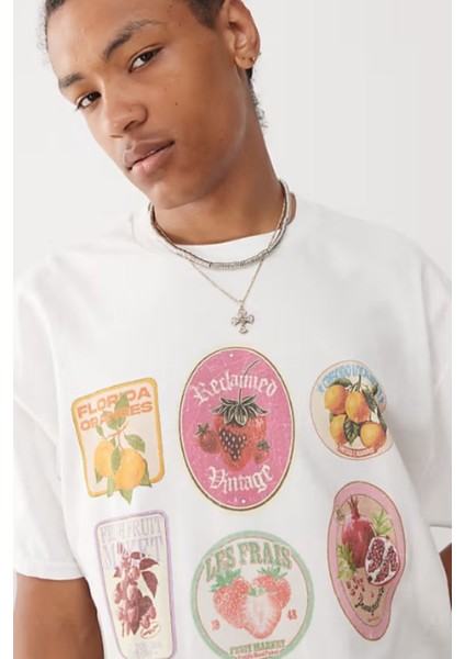 Unisex Oversize %100 Pamuk Meyve Etiketli Beyaz Tişört Reclaimed Vintage Stil fiyatları