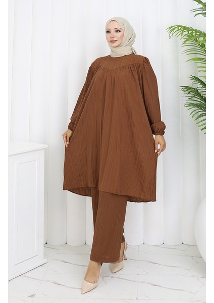 Büzgülü Tunik Pantolon Ikili Takım 2089-04 Taba