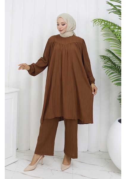 Büzgülü Tunik Pantolon Ikili Takım 2089-04 Taba fiyatları