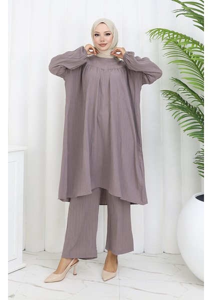 Büzgülü Tunik Pantolon Ikili Takım 2089-03 Vizon modelleri
