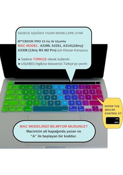 Macbook Pro Klavye Koruyucu 13INÇ M1-M2, (Us To Tr) Dazzle A2338 A2289 A2251 A2141 ile Uyumlu Pembe Yeşil modelleri