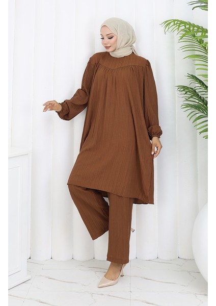 Büzgülü Tunik Pantolon Ikili Takım 2089-04 Taba modelleri