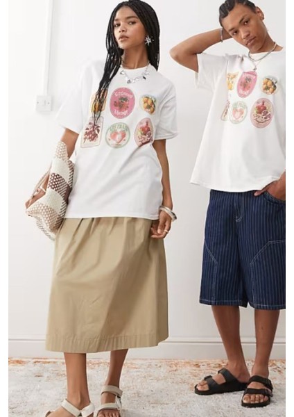 Unisex Oversize %100 Pamuk Meyve Etiketli Beyaz Tişört Reclaimed Vintage Stil fırsatları