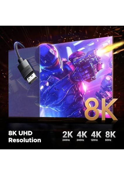 8k 60 Hz Display Port To Display Port 1.4 Örgülü Kablo 3 Metre, Siyah modelleri