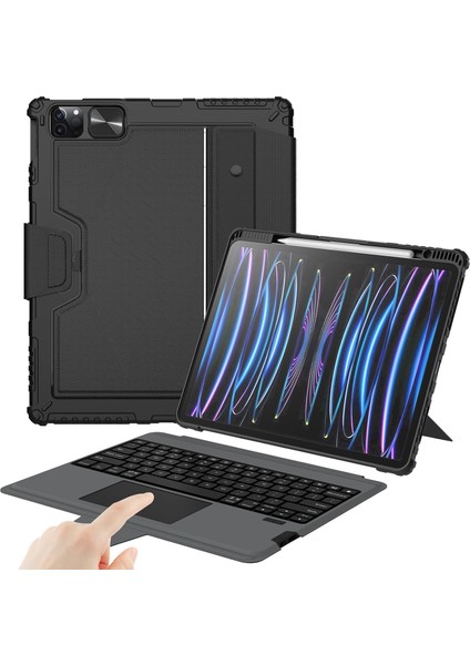 iPad Air 13" (M3 2025/M2 2024), iPad Pro 12.9" (6./5./4. /3. Nesil) Sağlam Kılıf Çıkarılabilir Klavye, Sihirli Izleme Dörtgeni, Portre/manzara Standı, Siyah