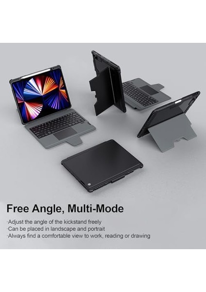 iPad Air 13" (M3 2025/M2 2024), iPad Pro 12.9" (6./5./4. /3. Nesil) Sağlam Kılıf Çıkarılabilir Klavye, Sihirli Izleme Dörtgeni, Portre/manzara Standı, Siyah