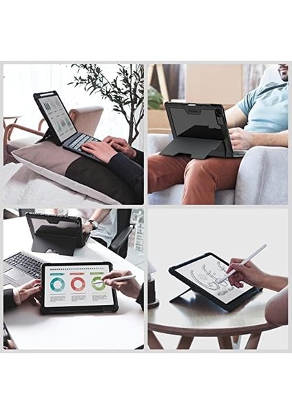 iPad Air 13" (M3 2025/M2 2024), iPad Pro 12.9" (6./5./4. /3. Nesil) Sağlam Kılıf Çıkarılabilir Klavye, Sihirli Izleme Dörtgeni, Portre/manzara Standı, Siyah