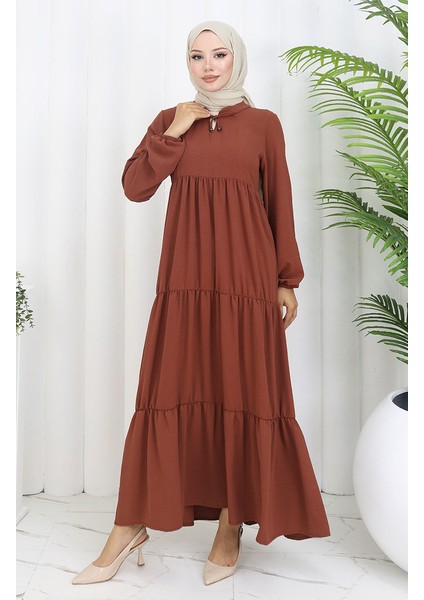 Inci Ayrobin Farbalı Kolları Lastikli Elbise 4909-12 Taba fırsatları