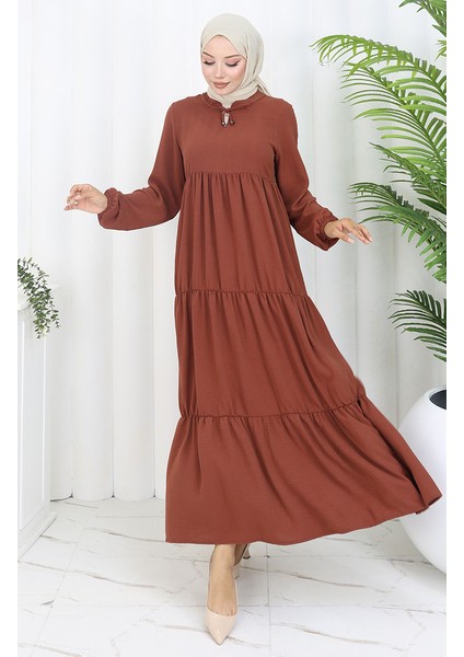 Inci Ayrobin Farbalı Kolları Lastikli Elbise 4909-12 Taba indirimleri