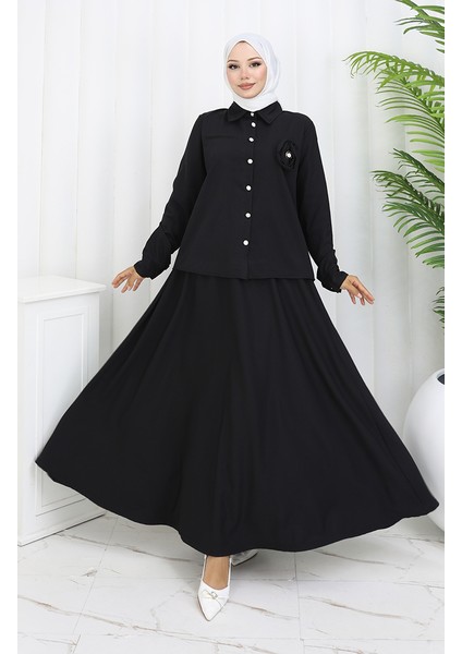 Gül Detaylı Gömlek Etek Ikili Takım 2088-03 Siyah
