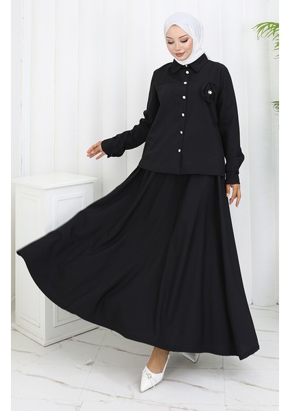 Gül Detaylı Gömlek Etek Ikili Takım 2088-03 Siyah modelleri