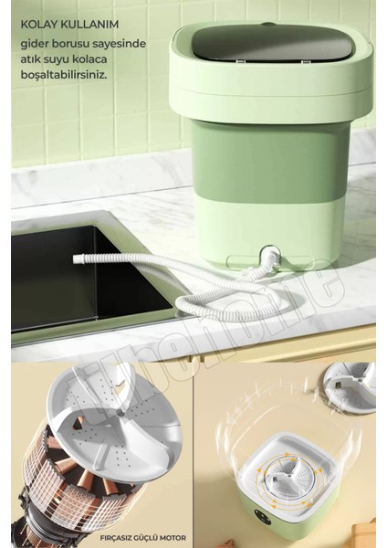 Katlanır Mini Çamaşır Makinesi Yeşil Taşınabilir Retro Silikon Çorap Iç Çamaşırı Yıkayıcı 10 Lt
