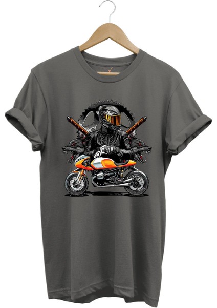 Motorsiklet Tişörtü Katana Motor Kurt ve Motorcu Baskılı Regular Fit %100 Pamuk T-Shirt