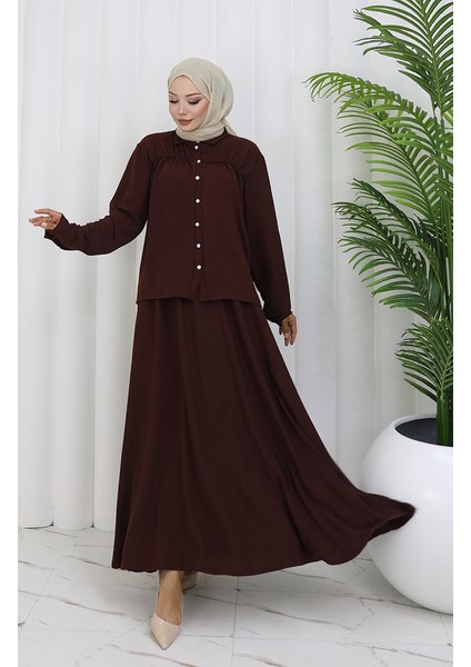 Aerobin Kumaş Gömlek Etek Ikili Takım 2082-01 Kahverengi fiyatları