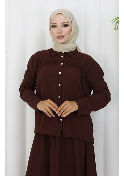 Aerobin Kumaş Gömlek Etek Ikili Takım 2082-01 Kahverengi modelleri