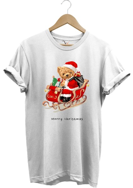 Christmas Baskılı Sevimli Ayıcık Yılbaşı Noel %100 Pamuk Regular Fit Bisiklet Yaka T-Shirt