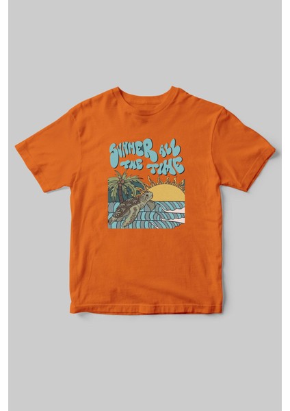 Yaz Zamanı Summer Time Caretta Caretta Deniz Kum Güneş Baskılı Regular Fit %100 Pamuk T-Shirt