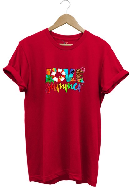 Yaz Love Summer Yazı Baskılı Deniz Sahil Kumsal Desenli %100 Pamuk Regular Fit Bisiklet Yaka T-Shirt