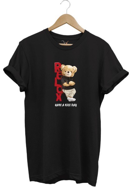 Sevimli Ayıcık Relax Ayı Tasarım Şık Baskılı %100 Pamuk Regular Fit Bisiklet Yaka T-Shirt