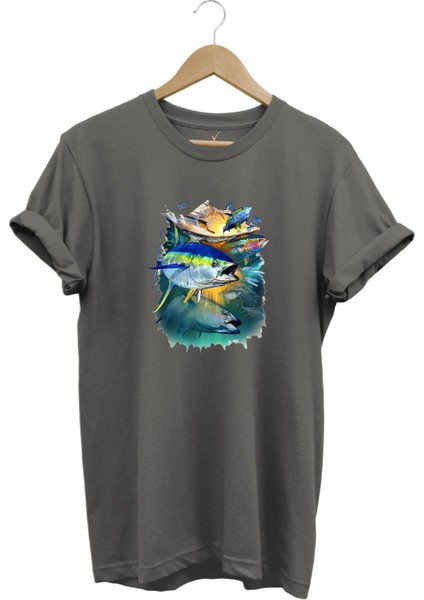Fishing Balık Baskılı Balıkçılık %100 Pamuk Regular Fit Bisiklet Yaka T-Shirt