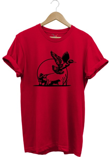 Hunting Avcılık Ördek Avı ve Avcı Köpeği Tüfek Baskılı %100 Pamuk Regular Fit Bisiklet Yaka T-Shirt
