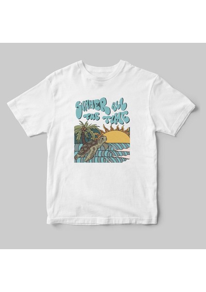 Yaz Zamanı Summer Time Caretta Caretta Deniz Kum Güneş Baskılı Regular Fit %100 Pamuk T-Shirt