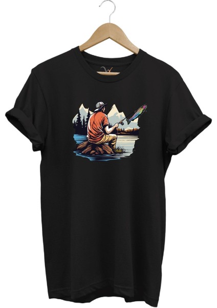 Fishing Balıkçılık Baskılı Olta ile Alabalık Avı %100 Pamuk Regular Fit T-Shirt