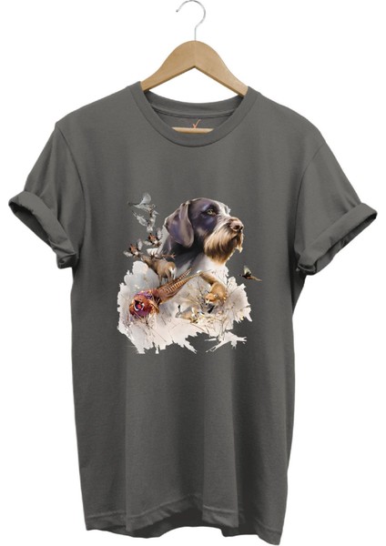 Avcılık Av Desenli Av Köpeği ve Av Kuşu Baskılı %100 Pamuk Premium Regular Fit T-Shirt