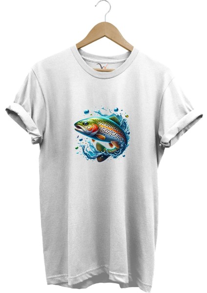 Fishing Avcılık Alabalık Balıkçılığı Baskılı %100 Pamuk Regular Fit Bisiklet Yaka T-Shirt