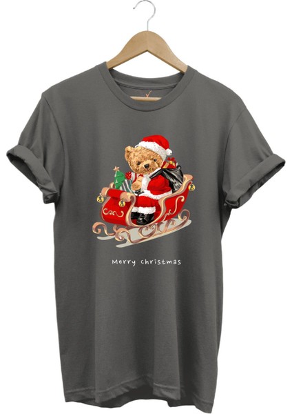 Christmas Baskılı Sevimli Ayıcık Yılbaşı Noel %100 Pamuk Regular Fit Bisiklet Yaka T-Shirt