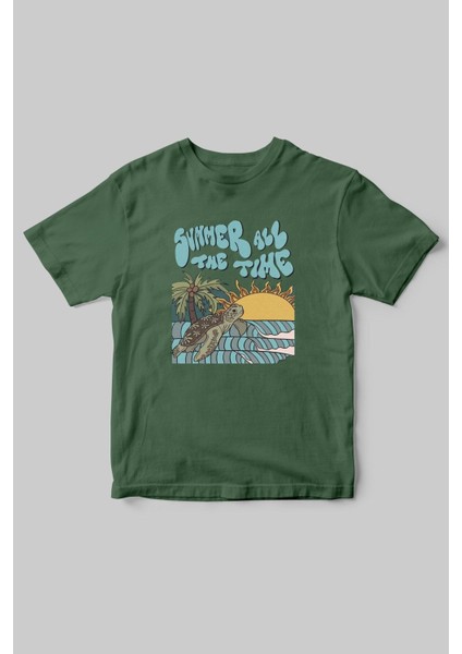Yaz Zamanı Summer Time Caretta Caretta Deniz Kum Güneş Baskılı Regular Fit %100 Pamuk T-Shirt