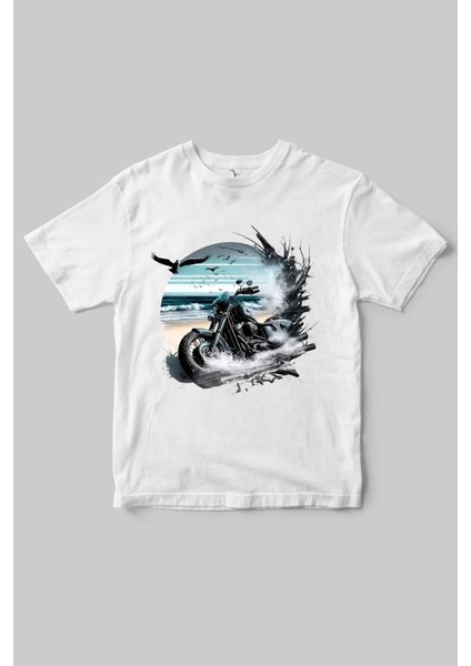 Motorcu Temalı Chopper Motorsiklet ve Deniz Baskılı Regular Fit %100 Pamuk Bisiklet Yaka T-Shirt