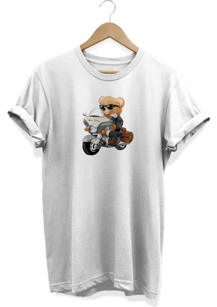 Motorcu Ayı Baskılı T-Shirt