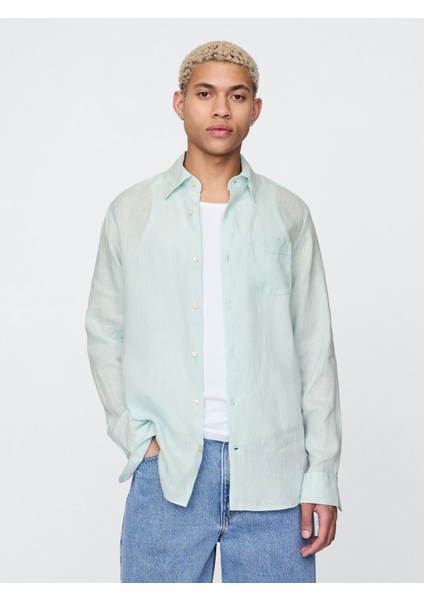Erkek Yeşil Keten Klasik Gömlek